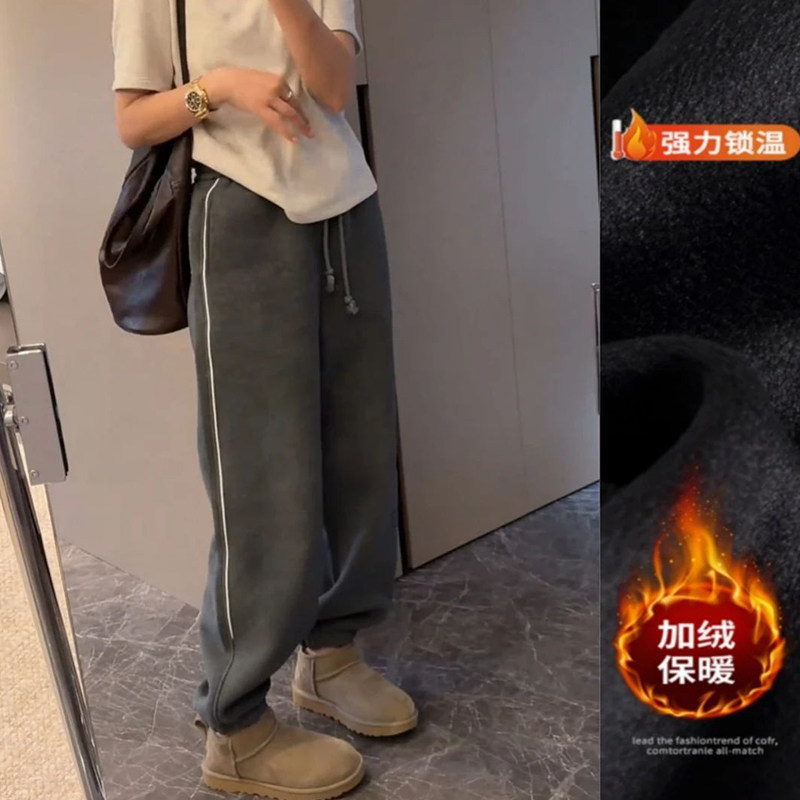 设计感拼接加绒运动休闲裤女秋冬季新款宽松显瘦今年流行直筒卫裤