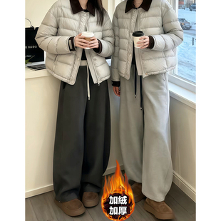 设计感加绒拼接撞色休闲裤女秋冬爆款宽松显瘦梨型报恩神裤直筒裤