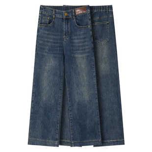 女春秋季 高腰显瘦宽松九分直筒裤 大码 美式 新款 深色复古牛仔阔腿裤