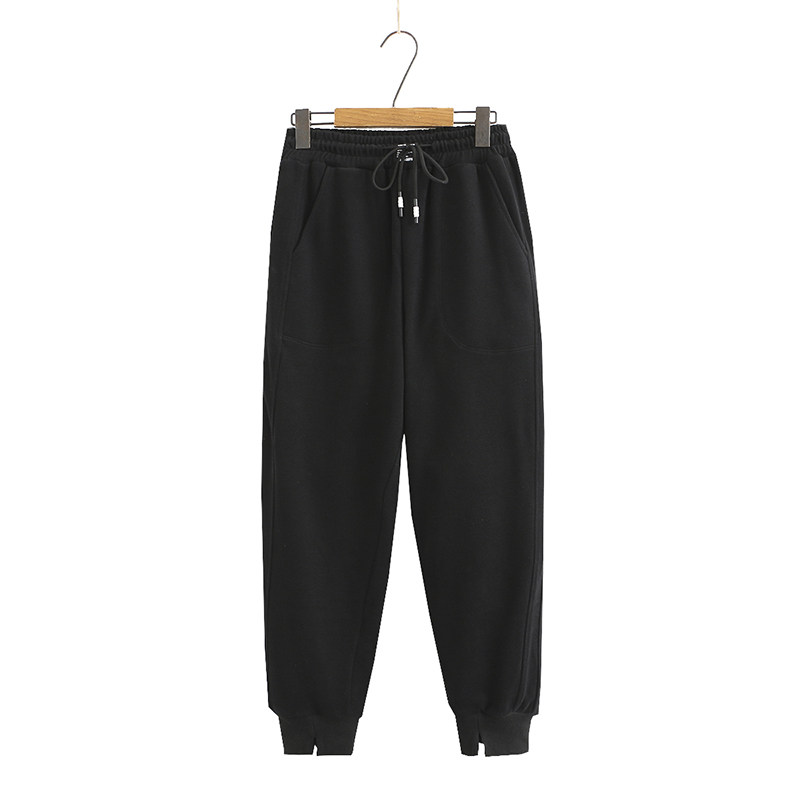 200斤胖MM春装新款大码女士休闲裤松紧腰系带束脚开叉黑色卫裤 - 媛媛外贸原单大码女装出品