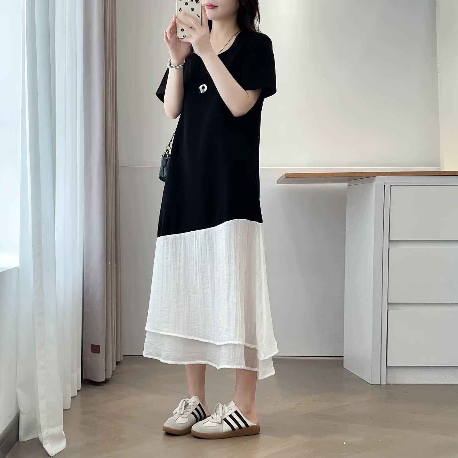 2025夏季新款大码女装胖mm显瘦遮肚子拼接撞色短袖连衣裙宽松长裙
