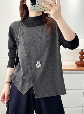 大码冬季新款设计感开叉收腰假两件长袖T恤灰色拼色打底衫女上衣