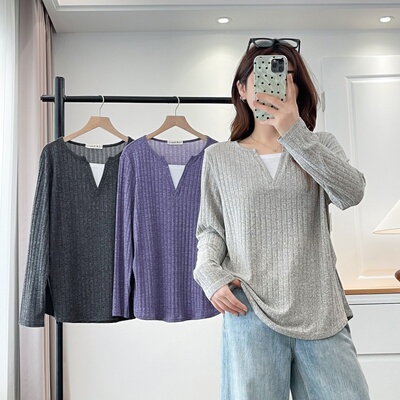 大码女装假两件v领拼色T恤衫