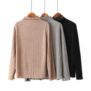 打底衫 韩版 修身 2020春季 T恤衫 胖MM大码 半高木耳领亮点长袖 女 新款