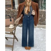 女装 冬季 韩版 大码 加绒加厚复古直筒显瘦百搭蓝色高腰阔腿牛仔长裤