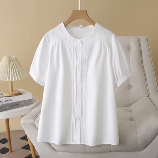 女装 大码 短袖 白衬衫 上衣 2025夏装 宽松显瘦设计感圆领压褶半袖 新款