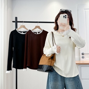 t恤内搭压线打底衫 大码 宽松休闲蕾丝花边领长袖 秋冬新款 上衣 女装