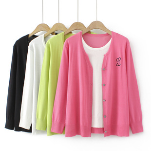 针织衫 2023年春季 上衣胖mm兔子刺绣假两件大码 休闲开衫 女士新款