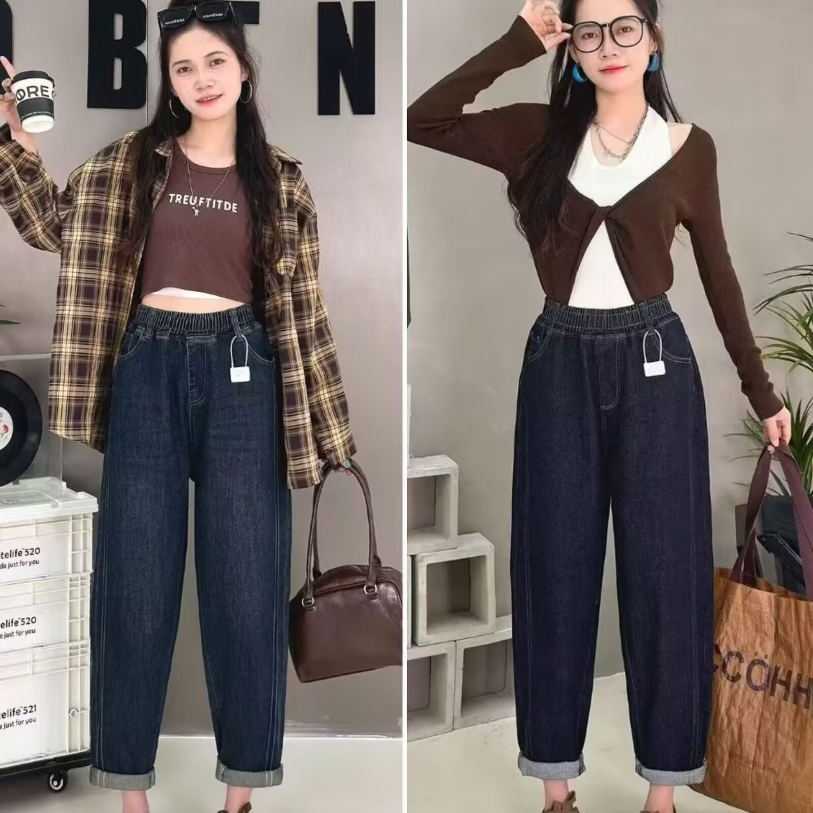 大码女装松紧腰休闲牛仔裤女秋季新款胖mm宽松显瘦直筒阔腿长裤子