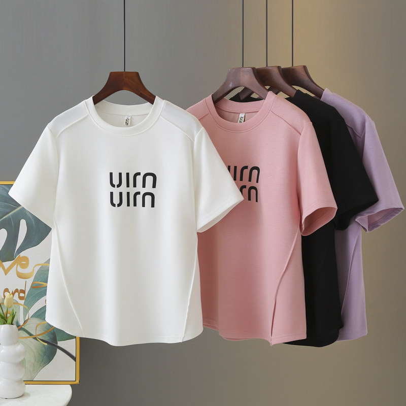 大码女装2025夏装新款韩版时尚简约字母印花鱼骨短袖T恤显瘦体恤