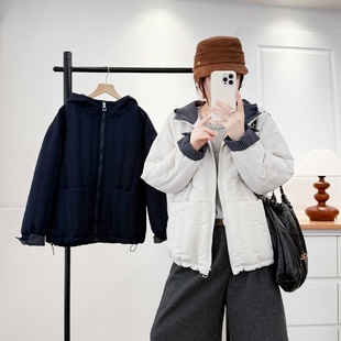 休闲翻袖 冬新款 格子拼接连帽棉服外套保暖棉衣保暖上衣 女装 大码