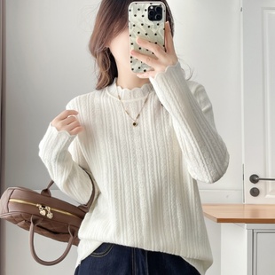 大码秋冬木耳花边半高领坑条提花针织衫女白色显瘦内搭毛衣打底衫
