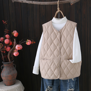 大码 保暖背心上衣胖mm宽松菱格无袖 棉马甲 女士新款 2023年秋冬季