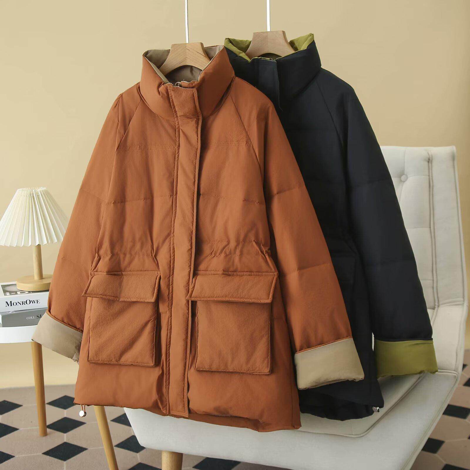 大码羽绒服冬装新款韩版设计感抽绳收腰立领拼色大口袋保暖外套