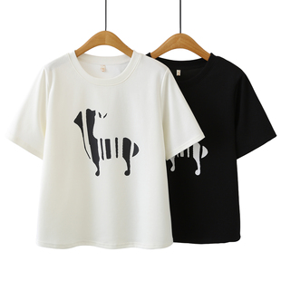 大码 夏装 体恤胖mm宽松遮肚子圆领半袖 卡通印花短袖 正肩t恤女 新款