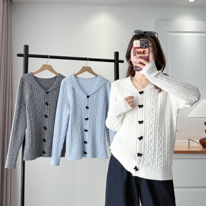 大码女装蝴蝶结麻花加厚毛衣外套