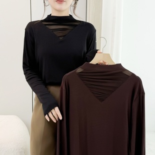 韩版 大码 新款 设计感半高领网纱拼接薄绒长袖 T恤女 打底衫 2025冬装