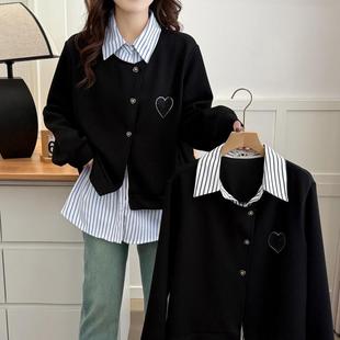 洋气条纹拼接爱心烫钻上衣 大码 女装 春秋新款 假两件外套显瘦时尚