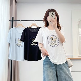 正肩体恤设计感圆领滑板狗狗印花短袖 2025夏装 女装 新款 T恤 大码