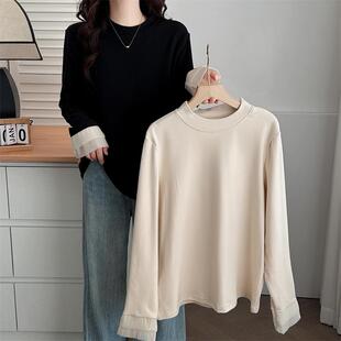 200斤胖mm蕾丝花边拼接长袖 大码 T恤 打底衫 2024秋冬女士新款