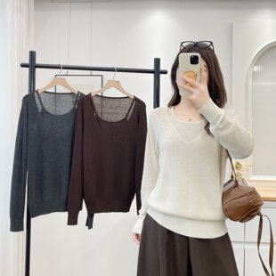 大码女装秋冬季韩版胖mm极简风圆领长袖针织衫宽松显瘦套头毛衣潮