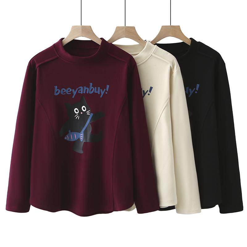 2024冬季女士韩版新款加厚打底衫胖mm大码半高领猫咪印花德绒T恤,女装/女士精品,T恤,淘宝优惠券,粉丝福利购,淘宝优惠卷