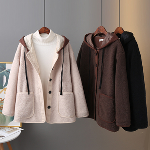 羊羔绒撞色拼接夹棉外套200斤胖mm中长款 保暖棉衣 皮毛一体大码