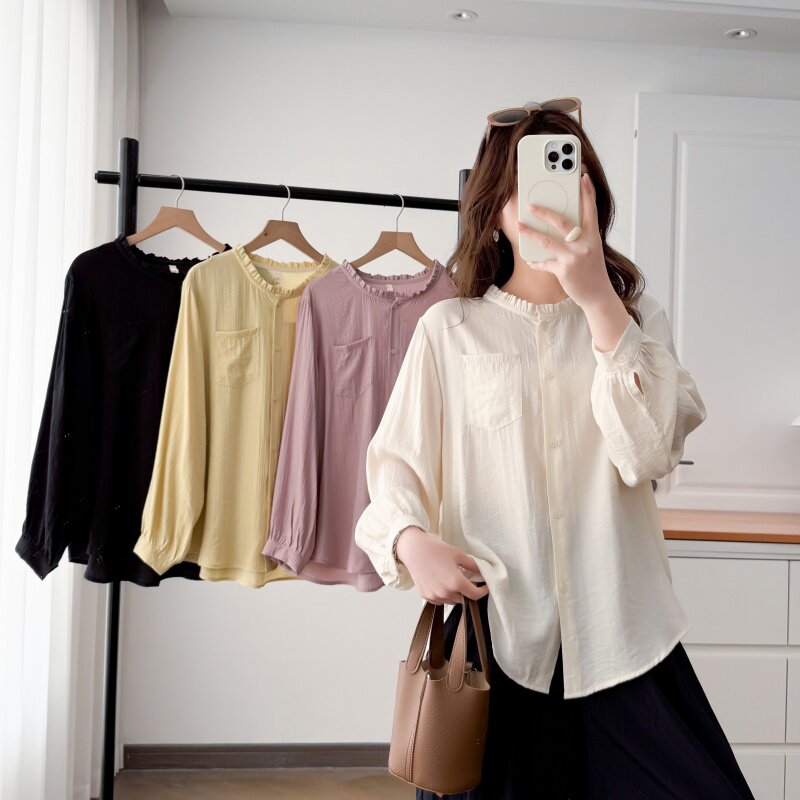 2026春季小清新花边领长袖衬衫女宽松百搭显瘦大码单口袋衬衣上衣