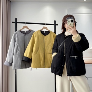 2025大码冬装新款撞色拼接棉服女宽松显瘦圆领拉链棉衣抽绳外套