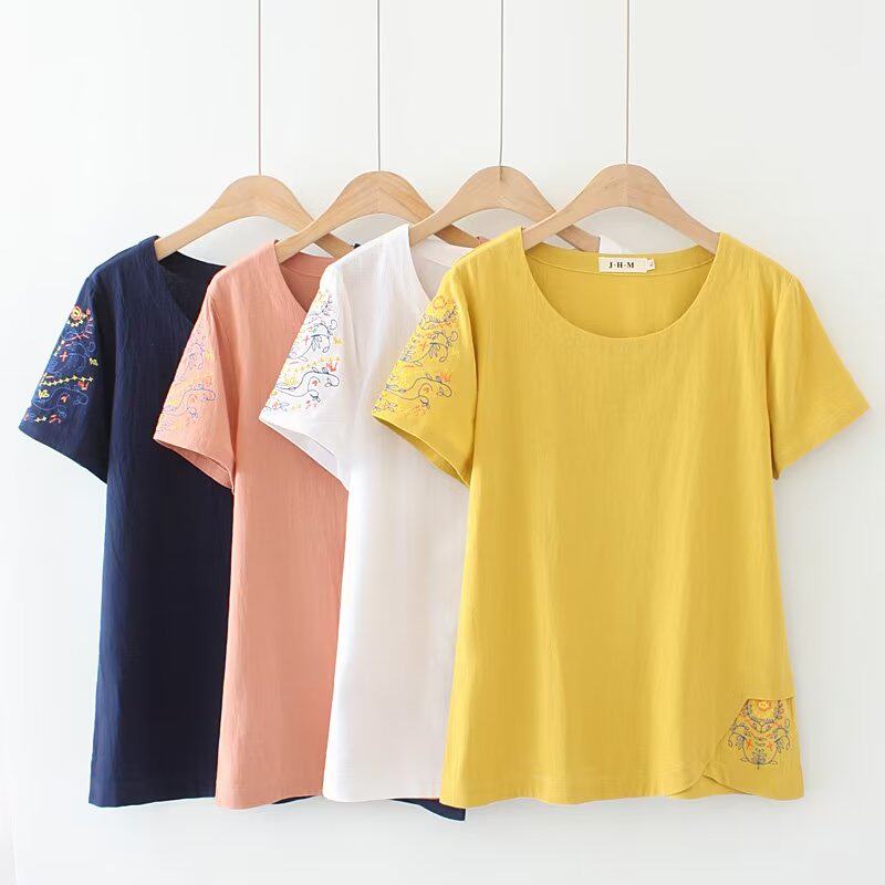 夏季女士韩版新款休闲上衣胖mm宽松圆领文艺袖子绣花大码短袖t恤