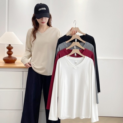 大码女装韩版V领长袖正肩T恤