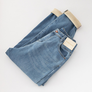 新款 韩版 牛仔裤 200斤胖mm高腰贴标加绒加厚大码 老爹裤 哈伦裤 冬季