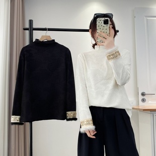 大码新中式袖口蕾丝拼接半高领长袖T恤女百搭提花加绒加厚打底衫