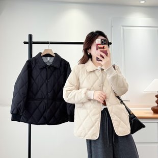 女装 胖mm菱格纹棉服女翻领短款 2025冬季 新款 轻薄保暖外套 韩版 大码