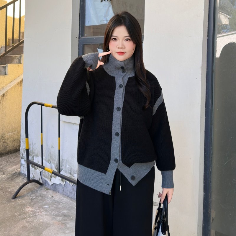 大码冬装复古慵懒风撞色高领针织开衫女秋冬加厚设计感毛衣外套,女装/女士精品,毛针织衫,淘宝优惠券,粉丝福利购,淘宝优惠卷