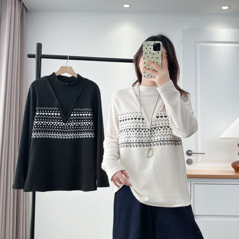 大码设计感印花假两件长袖T恤