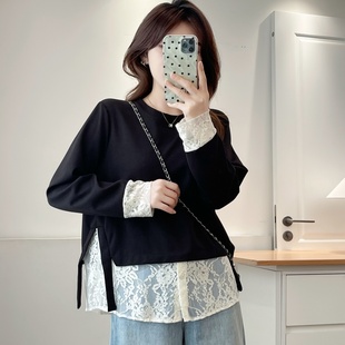 时尚 蕾花边拼接韩版 打底衫 新款 胖mm时尚 韩版 女装 秋装 卫衣上衣大码
