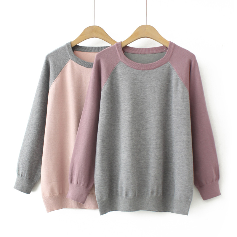 大码圆领套头撞色针织衫