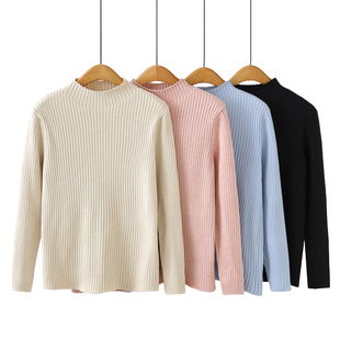 冬季 保暖显瘦打底衫 新款 女半高圆领长袖 毛衣 极简风坑条针织衫 大码