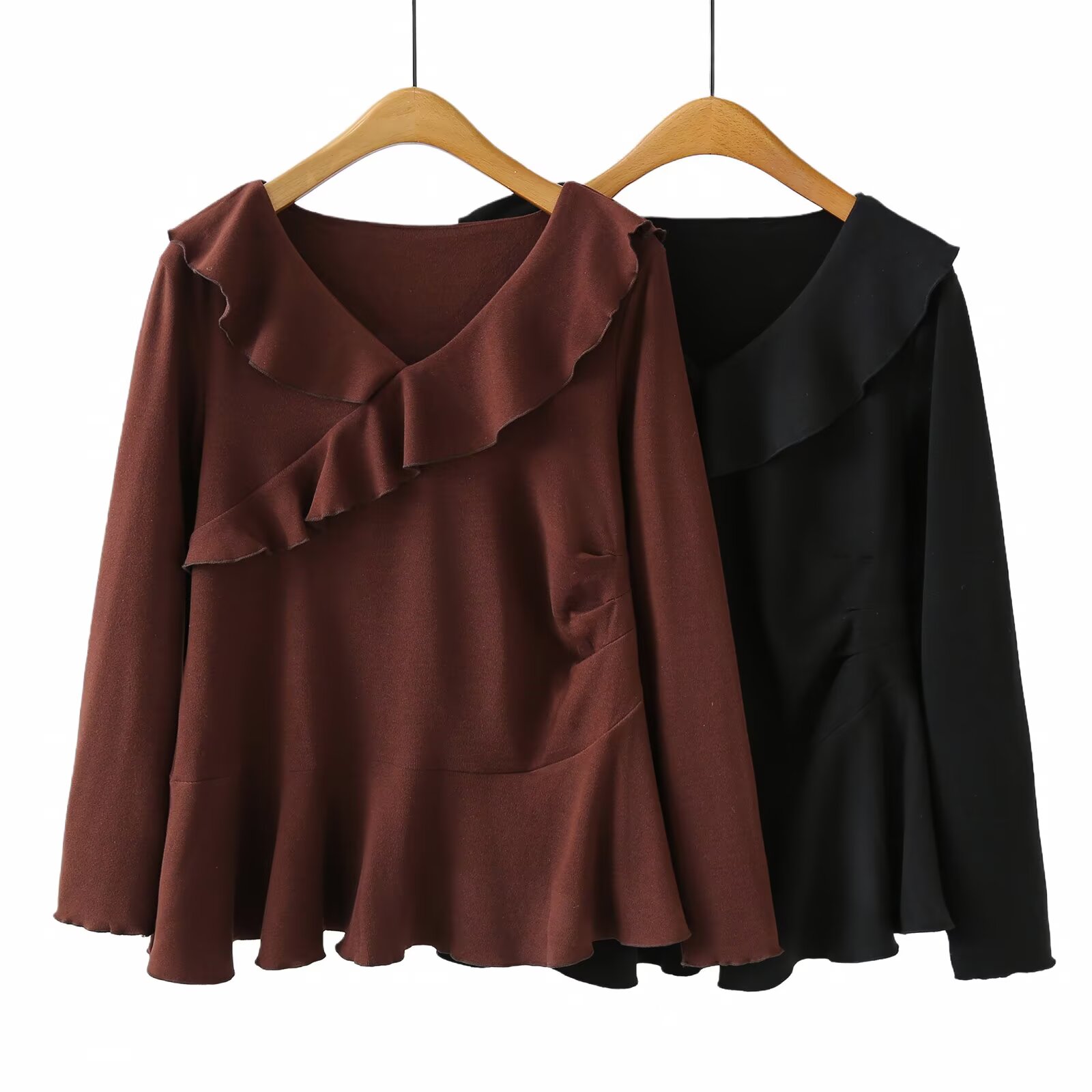 大码女装2025秋冬新款韩版宽松休闲V领荷叶边长袖T恤打底衫上衣潮