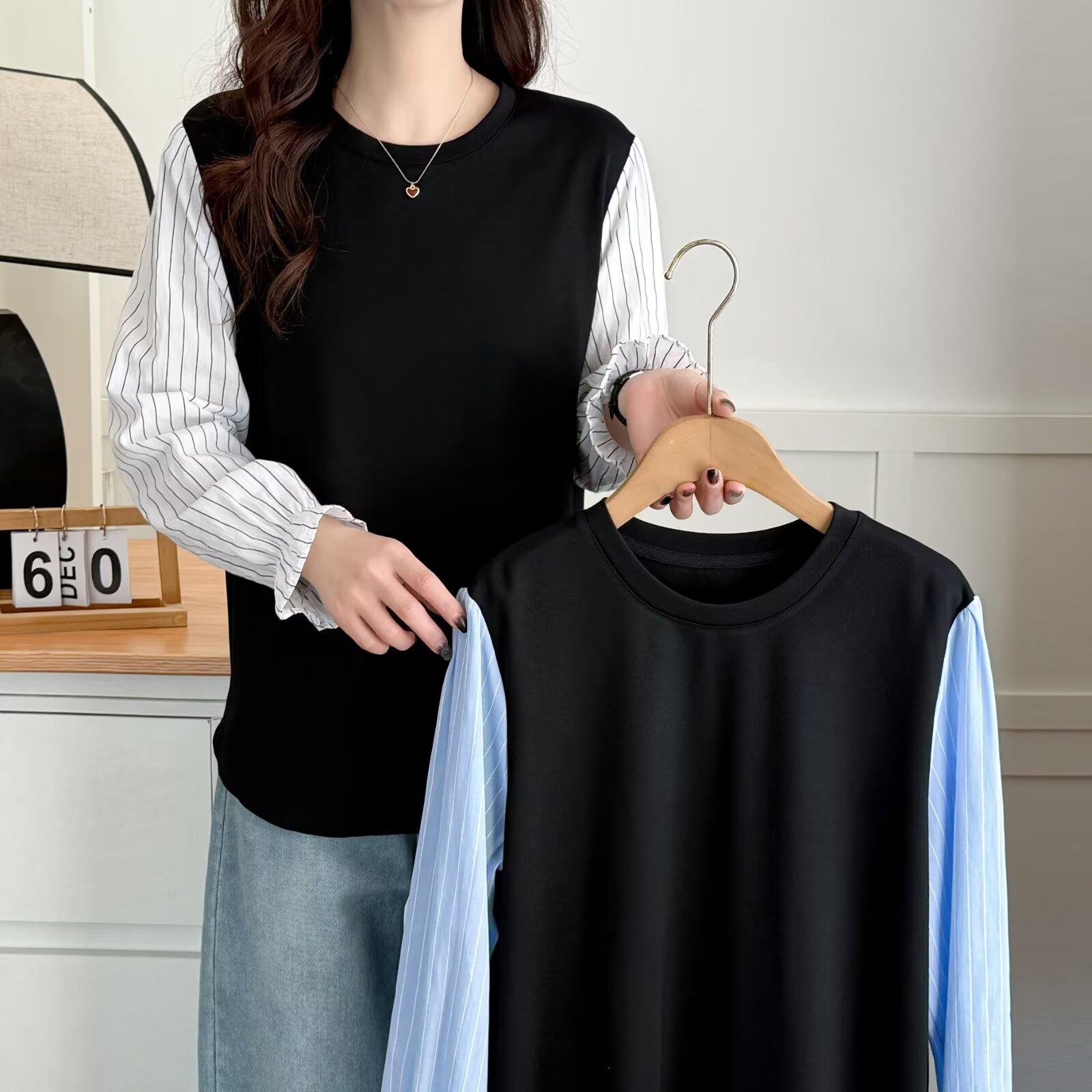 大码常规宽松喇叭袖假两件卫衣