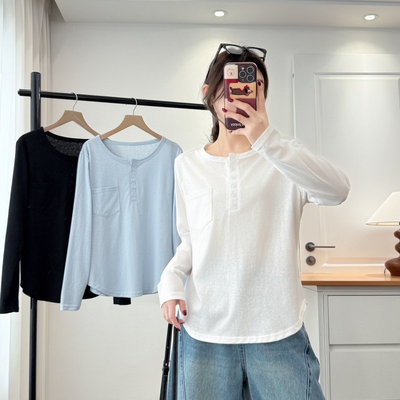 2026春季韩版新款打底衫设计感圆领六粒扣口袋长袖大码正肩T恤女,女装/女士精品,T恤,淘宝优惠券,粉丝福利购,淘宝优惠卷