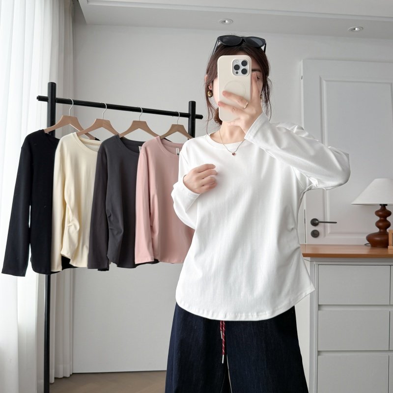 大码韩版圆领弧形下摆收腰T恤