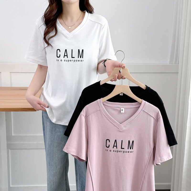 大码女装新款胖mm短袖鱼骨t恤夏季宽松显瘦V领字母印花简约上衣