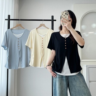 新款 T恤女胖mm收腰小衫 大码 假两件正肩短袖 显瘦上衣 女装 2025夏季