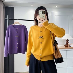 大码冬装新款圆领蝴蝶结纽扣针织开衫女韩系显瘦高级感毛衣外套