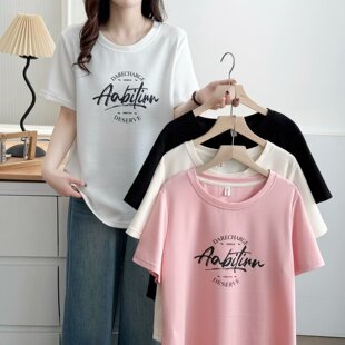 t恤夏季 大码 胖mm百搭短袖 新款 宽松显瘦圆领字母印花上衣潮 女装