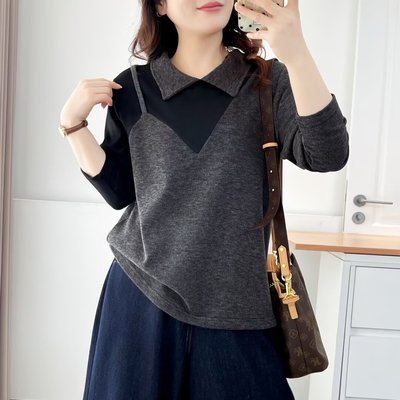 大码设计感翻领假两件拼接t恤