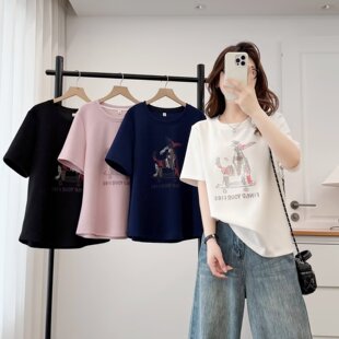 休闲风卡通印花短袖 大码 韩版 夏季 T恤宽松显瘦遮肚子百搭上衣 女装