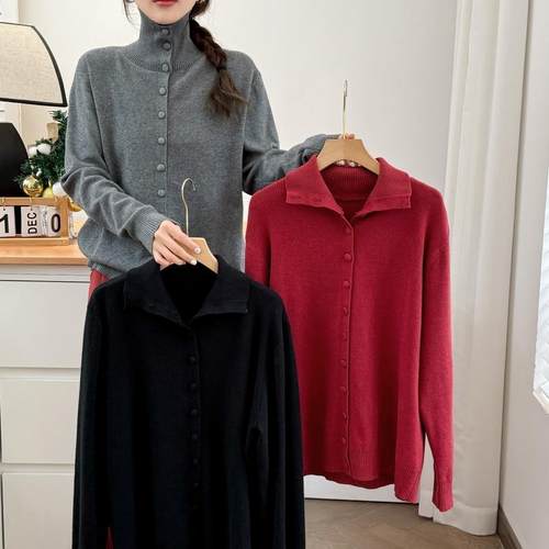 大码纽扣半高领开衫纯色毛衣